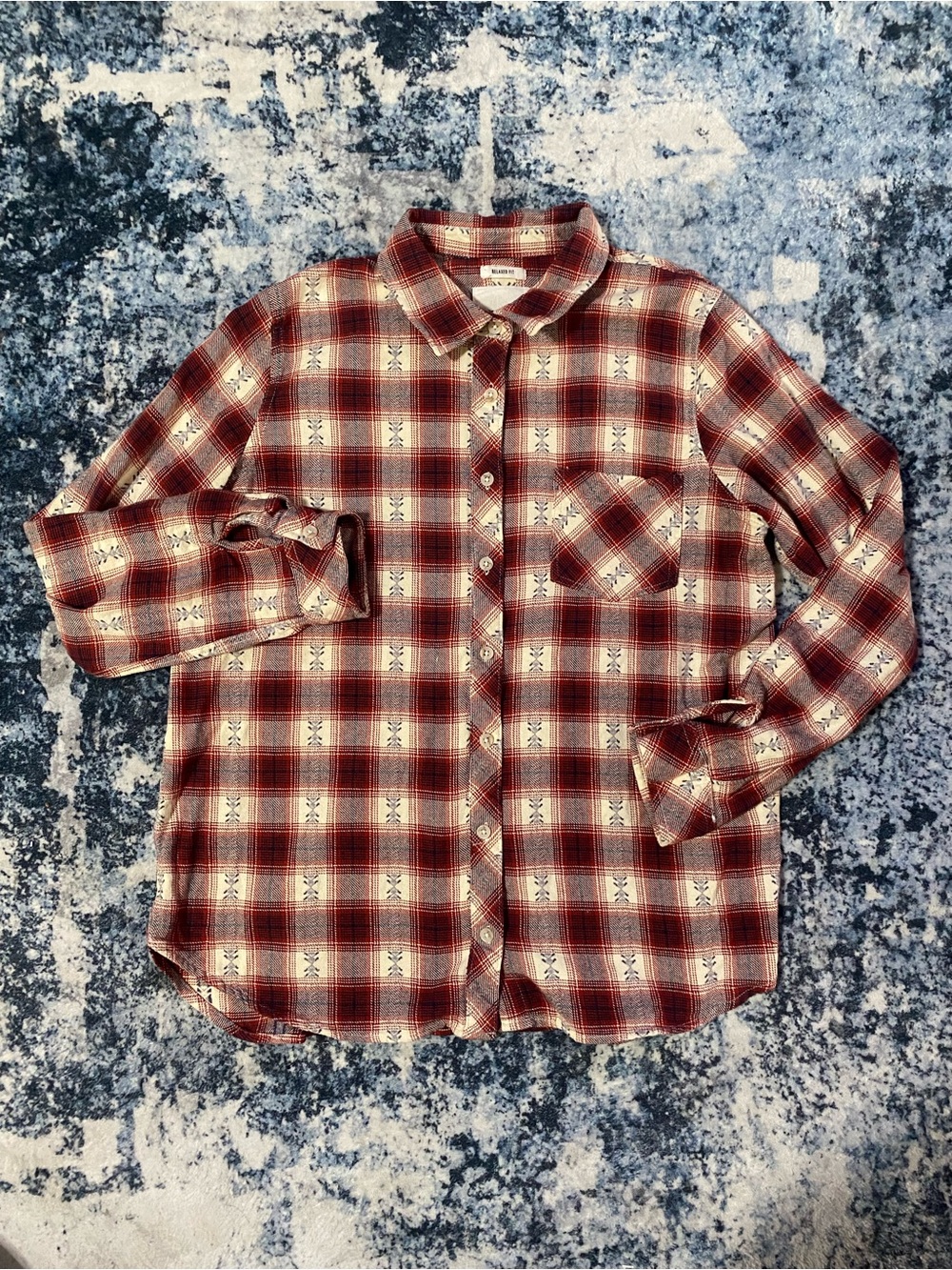 Thread & Supply Women’s Large Flannel Shirt Red Cream Plaid Relaxed Fit Western